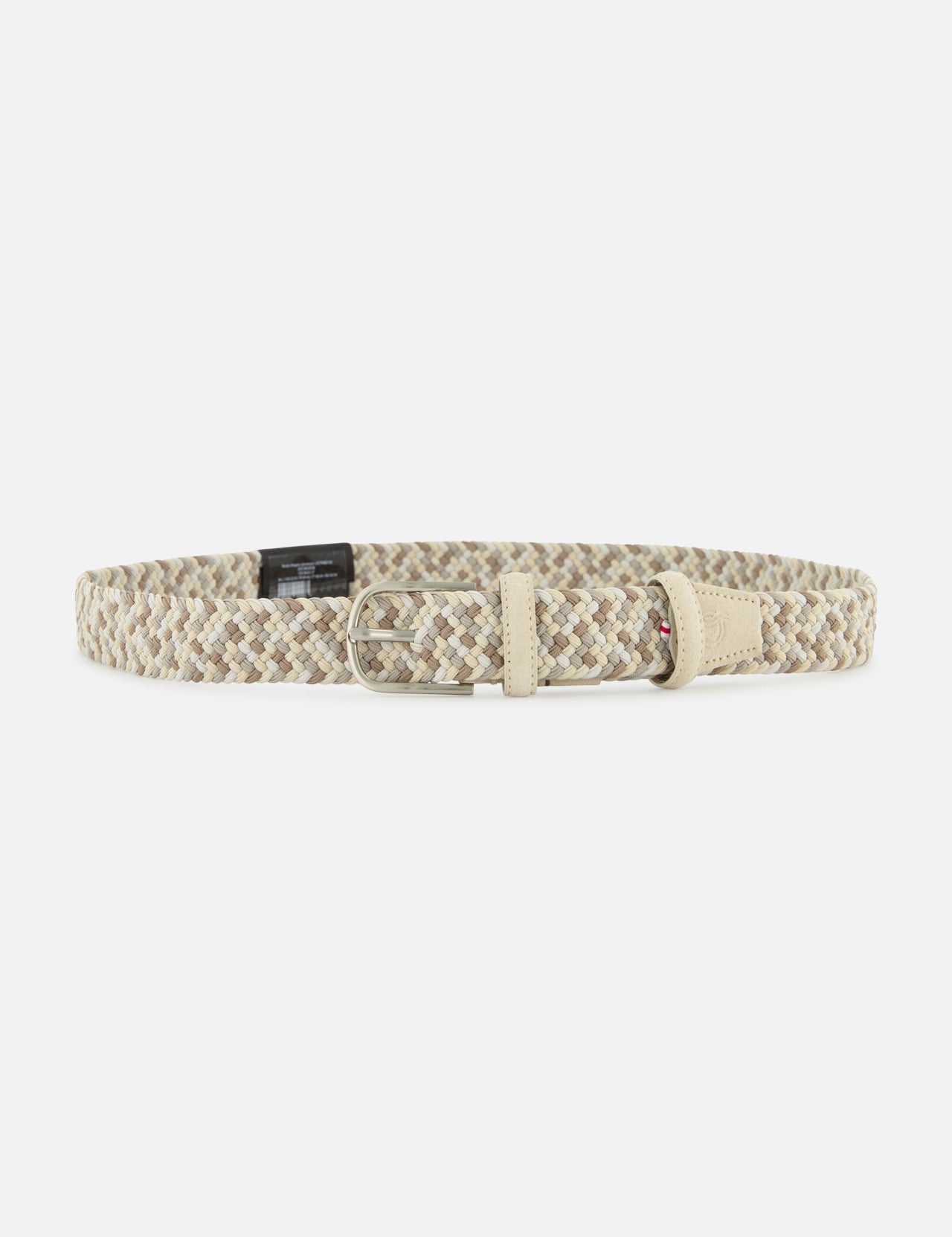 The LA BOUCLE Santa Monica Suede is a beige, tan, and light brown stretch belt with a silver buckle and beige leather accents, displayed flat on a white background.