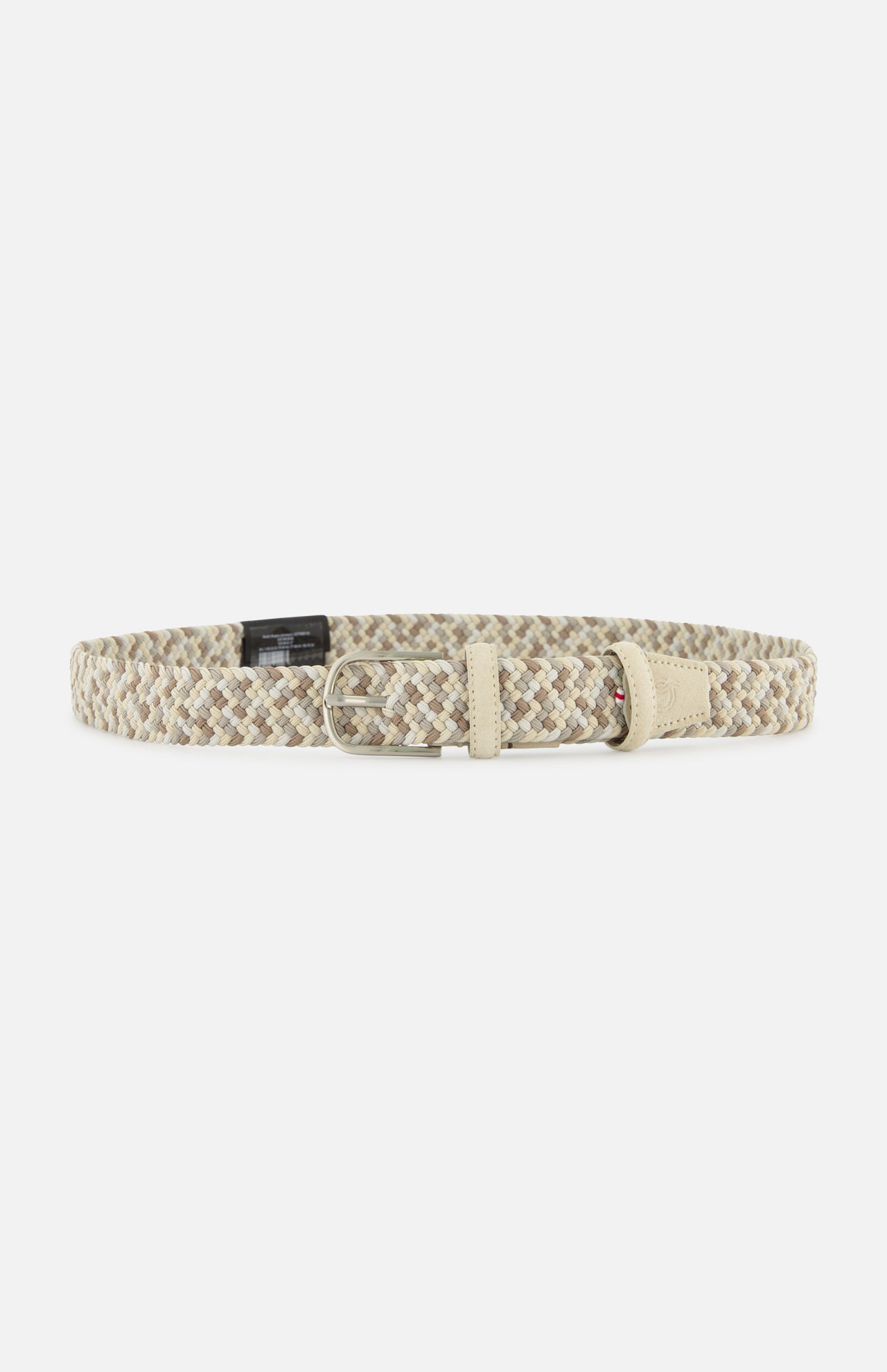 The LA BOUCLE Santa Monica Suede is a beige, tan, and light brown stretch belt with a silver buckle and beige leather accents, displayed flat on a white background.