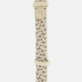 The LA BOUCLE Santa Monica Suede is a woven beige, brown, and cream stretch belt with a silver buckle and tan leather accents—ideal for comfort on or off the golf course.