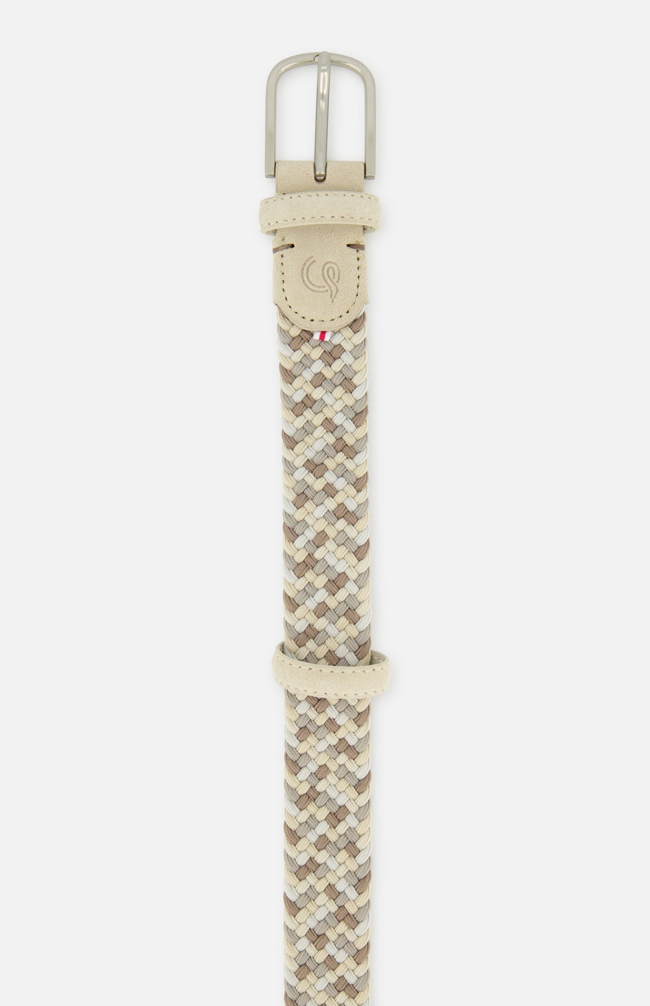 The LA BOUCLE Santa Monica Suede is a woven beige, brown, and cream stretch belt with a silver buckle and tan leather accents—ideal for comfort on or off the golf course.