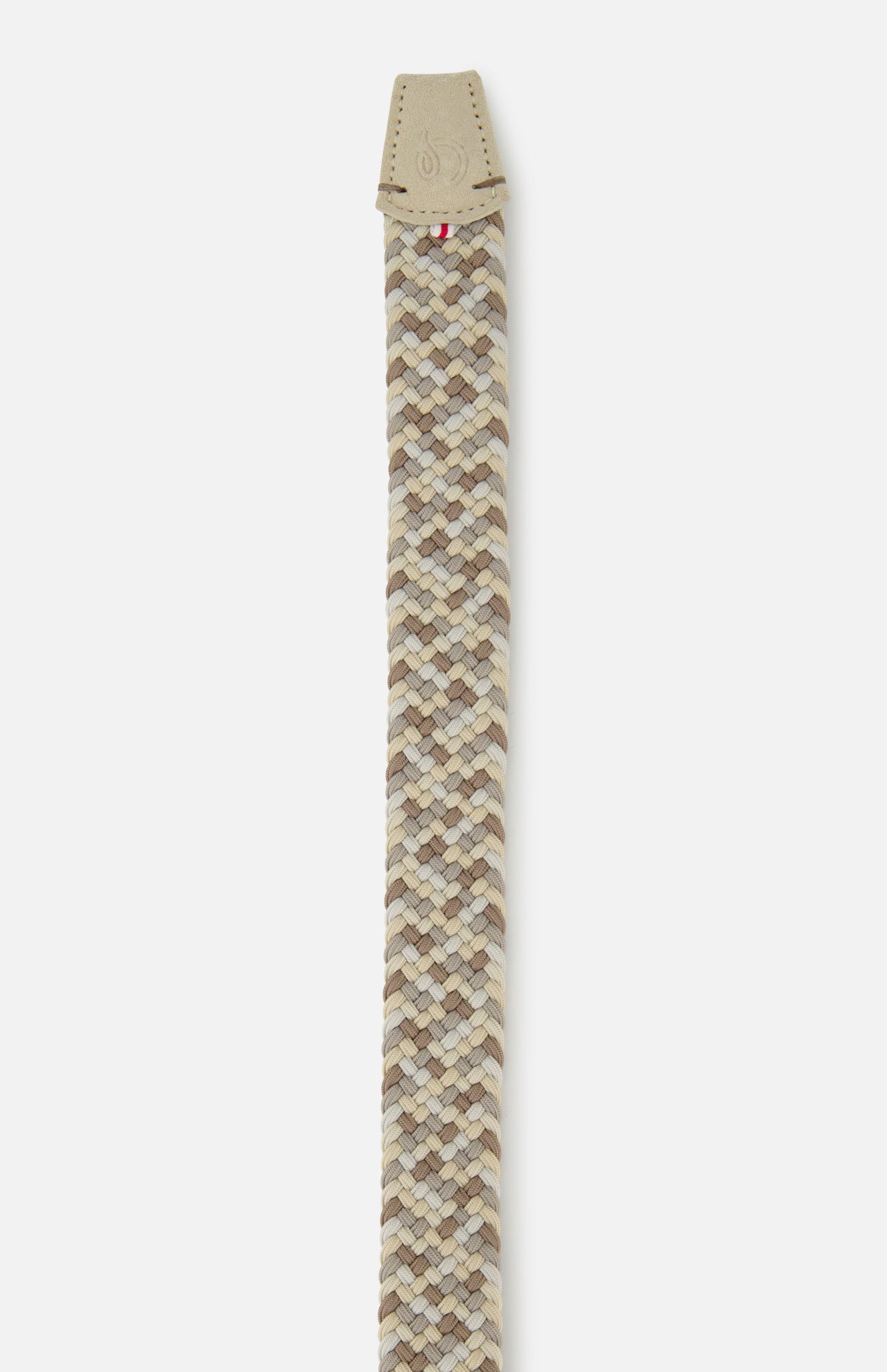 A close-up of the LA BOUCLE Santa Monica Suede belt, featuring a braided woven pattern in beige, brown, and cream with a tan leather tip and visible stitching.
