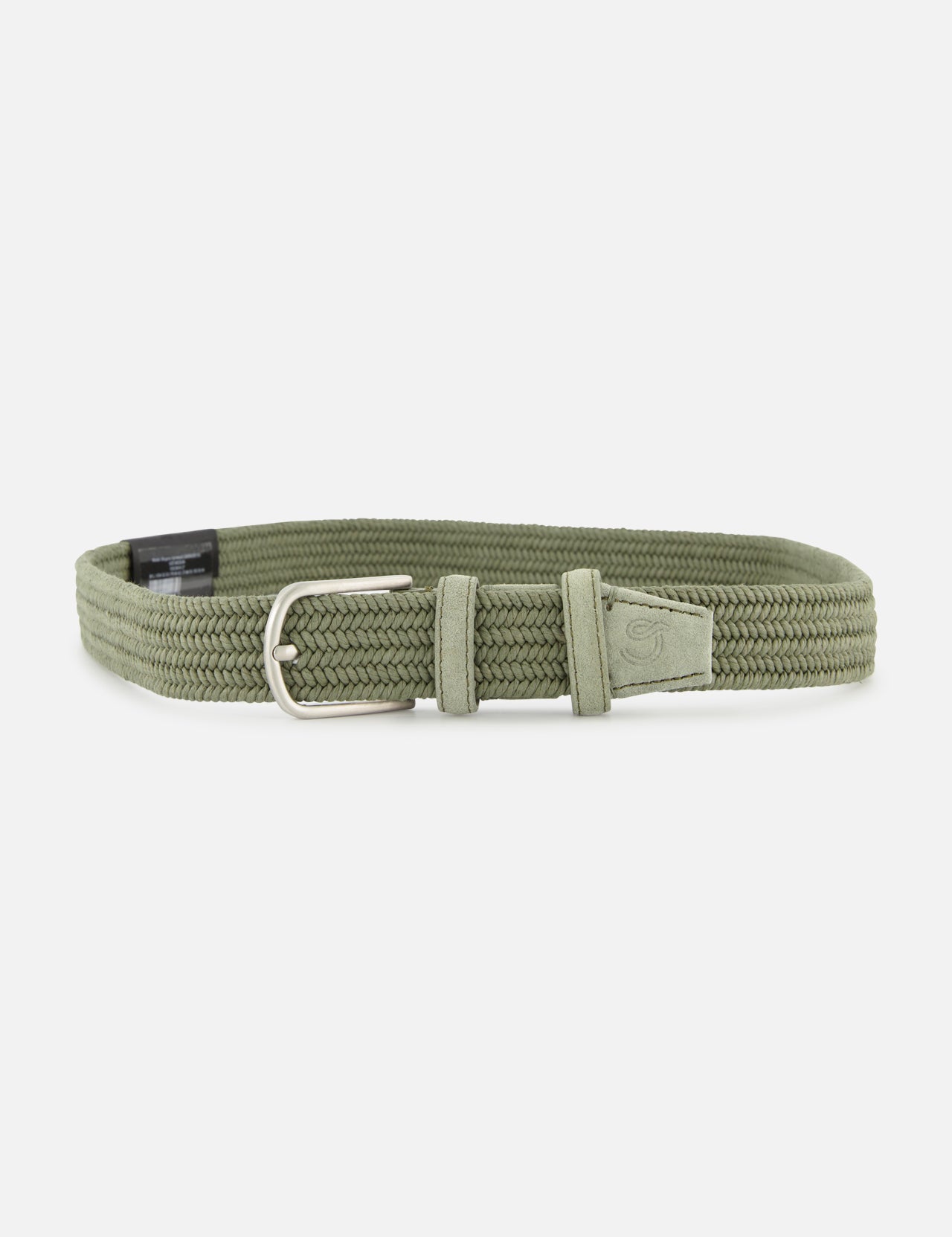 The LA BOUCLE Veneto Suede Waxed Cotton Belt is a light olive green stretch belt with a silver buckle, matching loop, and zero hole-design, shown on a white background.