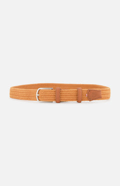 The LA BOUCLE Piemonte Waxed Cotton Belt features a braided zero-hole design in tan with leather accents and a silver buckle, shown against a plain white background.