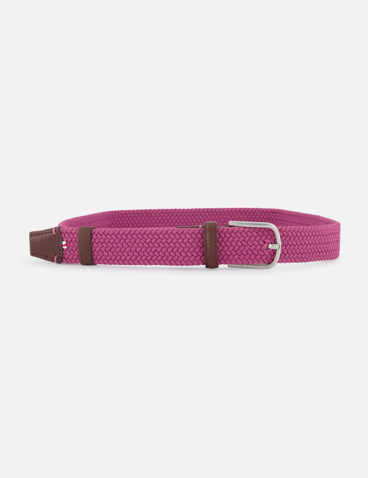The LA BOUCLE Positano Belt features a pink stretch design with brown leather ends and a silver rectangular buckle, shown against a plain white background.