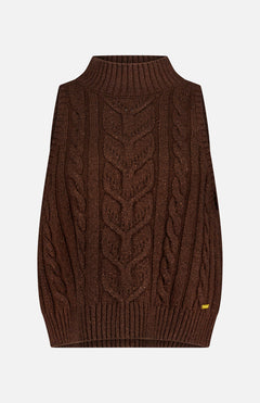 The Bellini Cable Turtleneck Tank Top by L'AGENCE is a sleeveless, dark brown knit with a ribbed high neckline and hem, plus a small yellow tag at the bottom edge, shown on a plain white background.