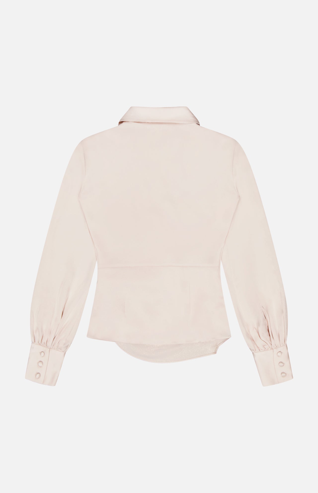 Back view of the L'AGENCE Bernice Satin Wrap Blouse in light beige, showcasing long sleeves, a collar, fitted waist, and buttoned cuffs on a plain white background.