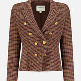 The Bethany Structured Houndstooth Blazer by L'AGENCE features a double-breasted front with six gold buttons, a notched collar, structured shoulders, and displays the brand label inside. Its pattern is brown and burgundy plaid.