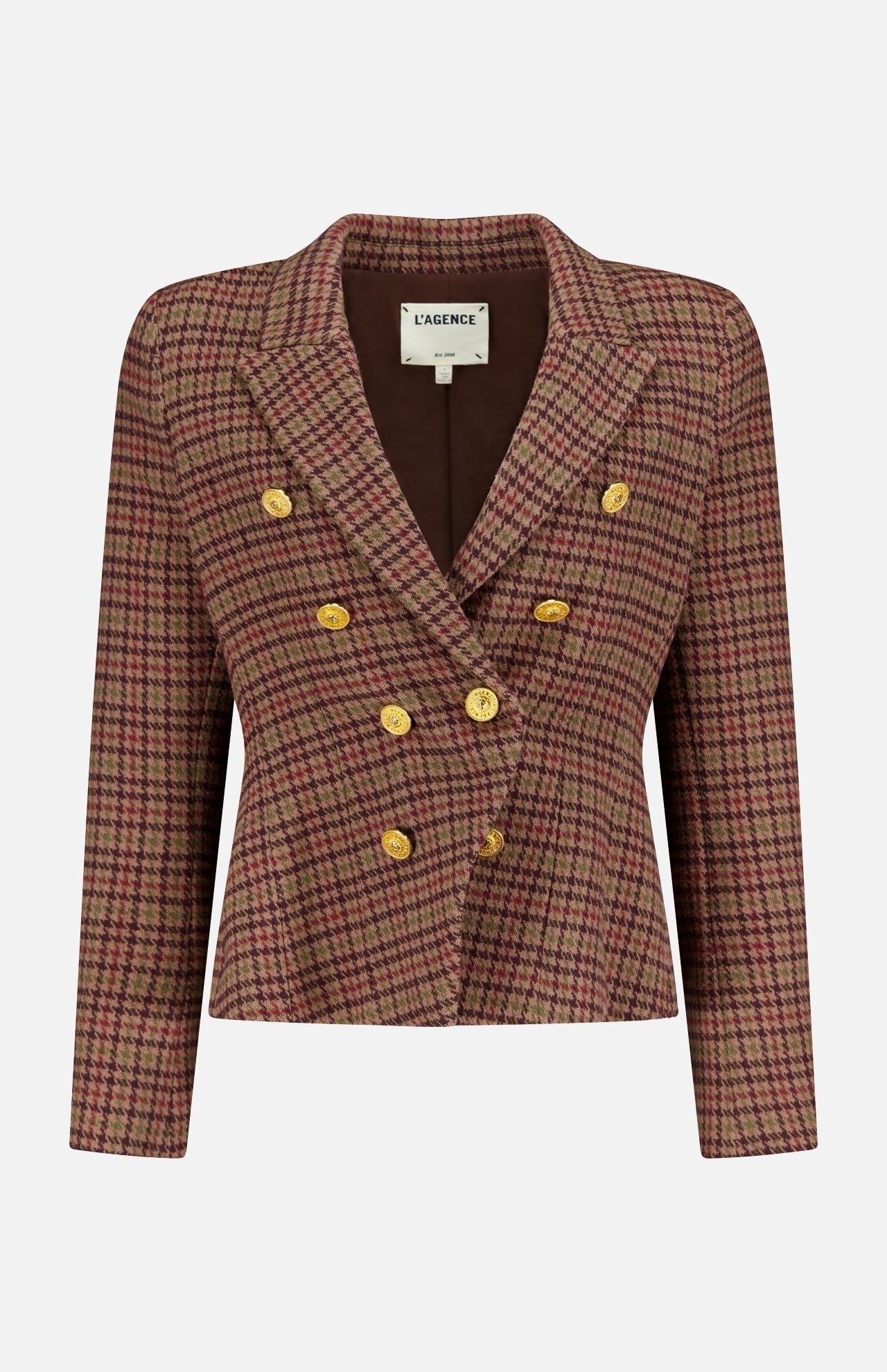 The Bethany Structured Houndstooth Blazer by L'AGENCE features a double-breasted front with six gold buttons, a notched collar, structured shoulders, and displays the brand label inside. Its pattern is brown and burgundy plaid.