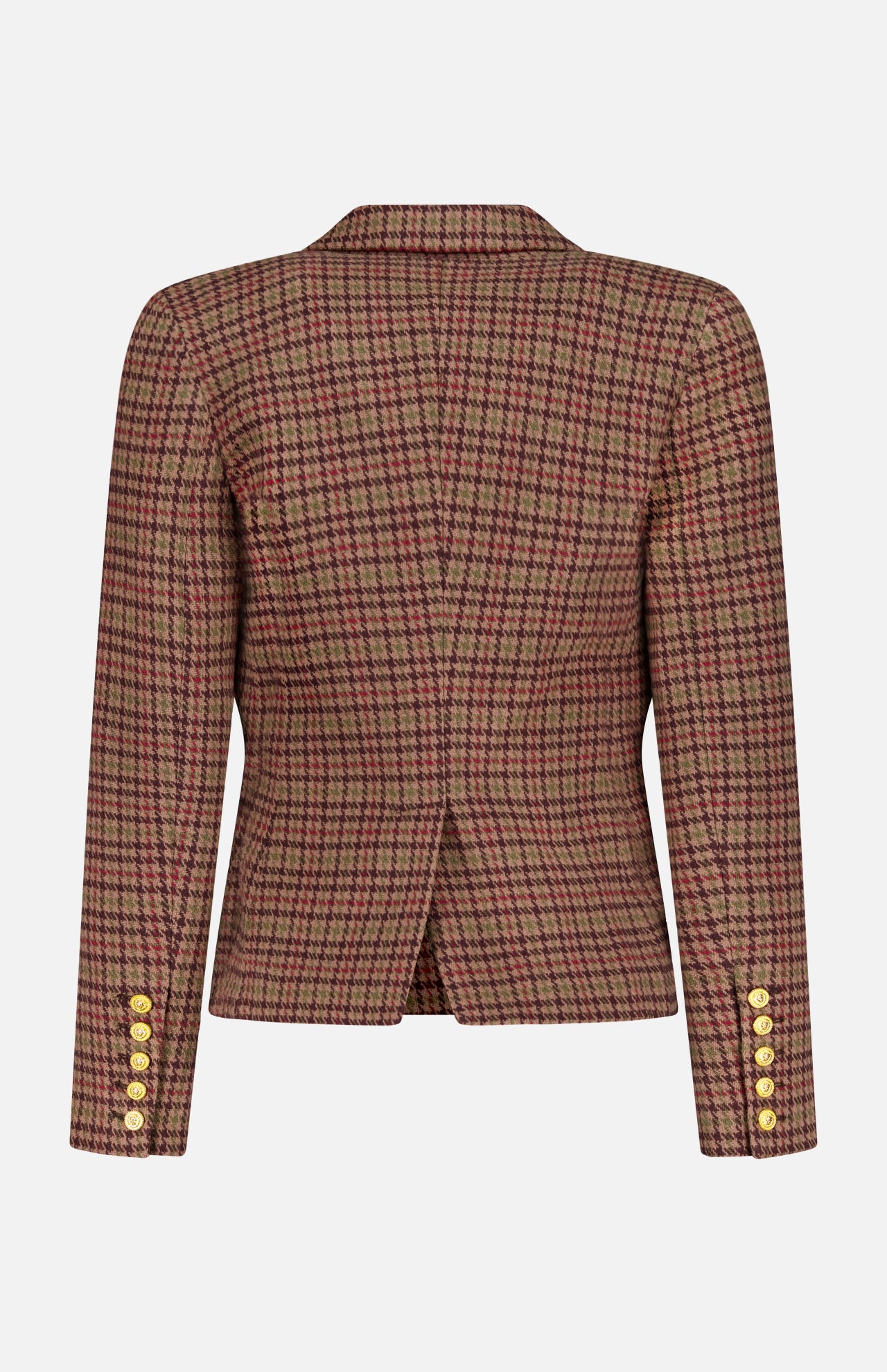 Back view of the L'AGENCE Bethany Structured Houndstooth Blazer, featuring brown and burgundy plaid, structured shoulders, four gold buttons on each cuff, and a center back vent.