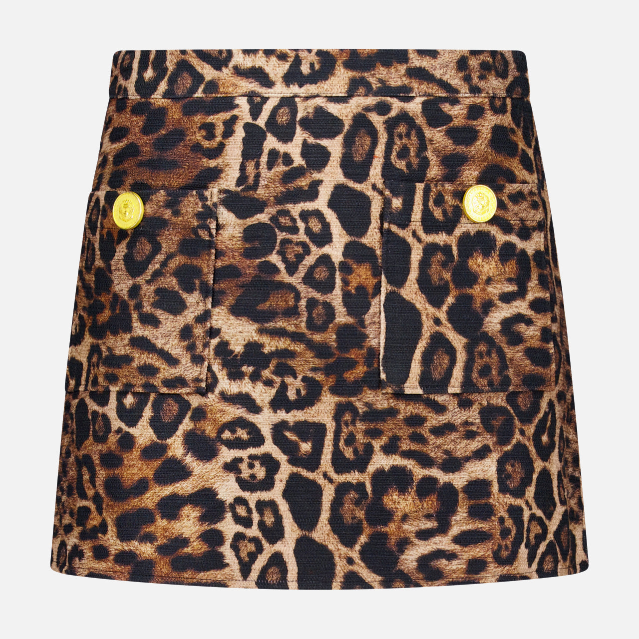 The Cyra Low Rise Mini Skirt by L'AGENCE features a bold leopard print in brown, black, and tan, two front pockets with gold buttons, and a modern twist on classic tweed styles.