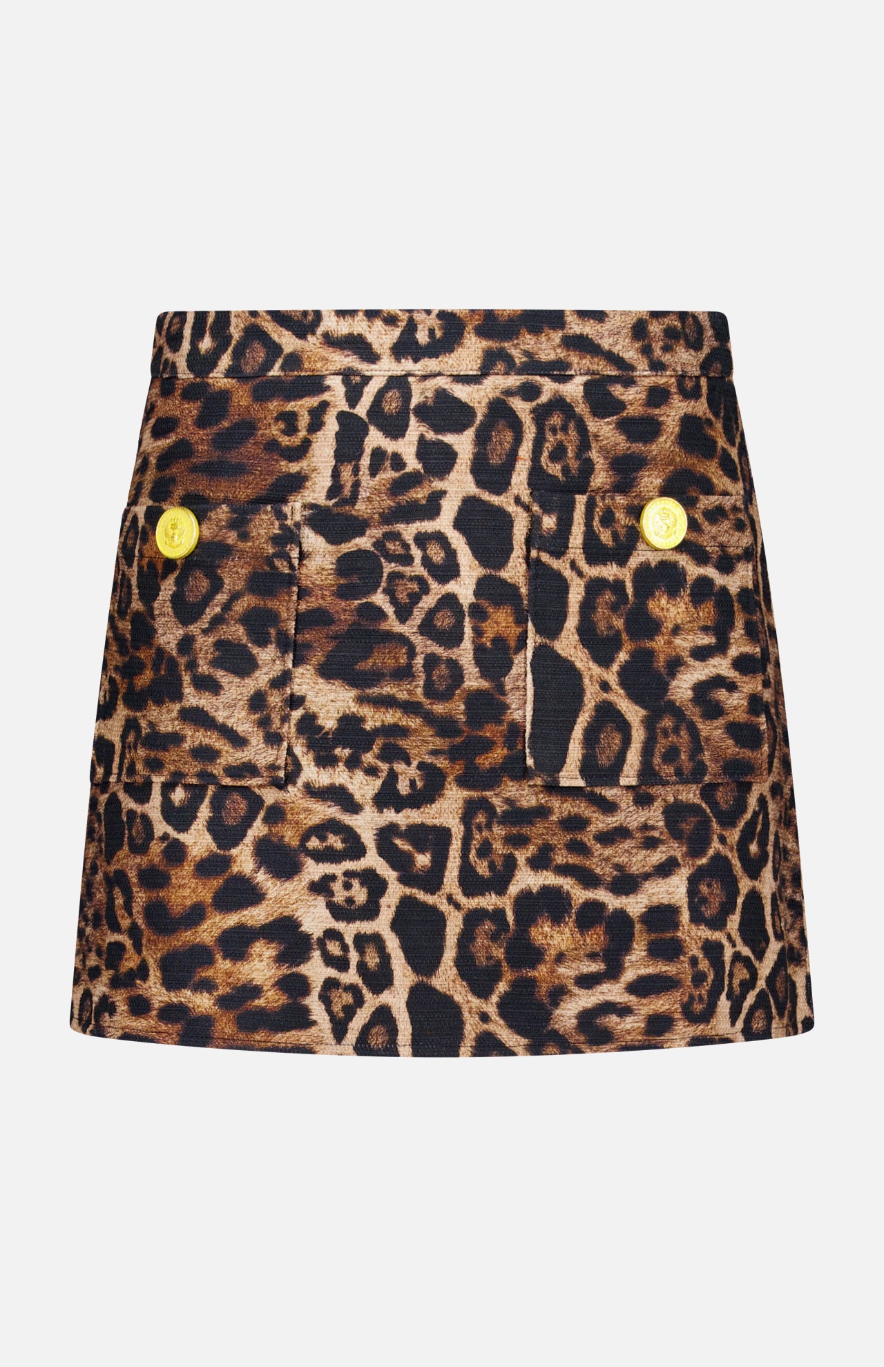 The Cyra Low Rise Mini Skirt by L'AGENCE features a bold leopard print in brown, black, and tan, two front pockets with gold buttons, and a modern twist on classic tweed styles.