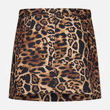 The Cyra Low Rise Mini Skirt by L'AGENCE is a brown and black leopard print skirt with a short, high-waisted design, shown against a plain white background.