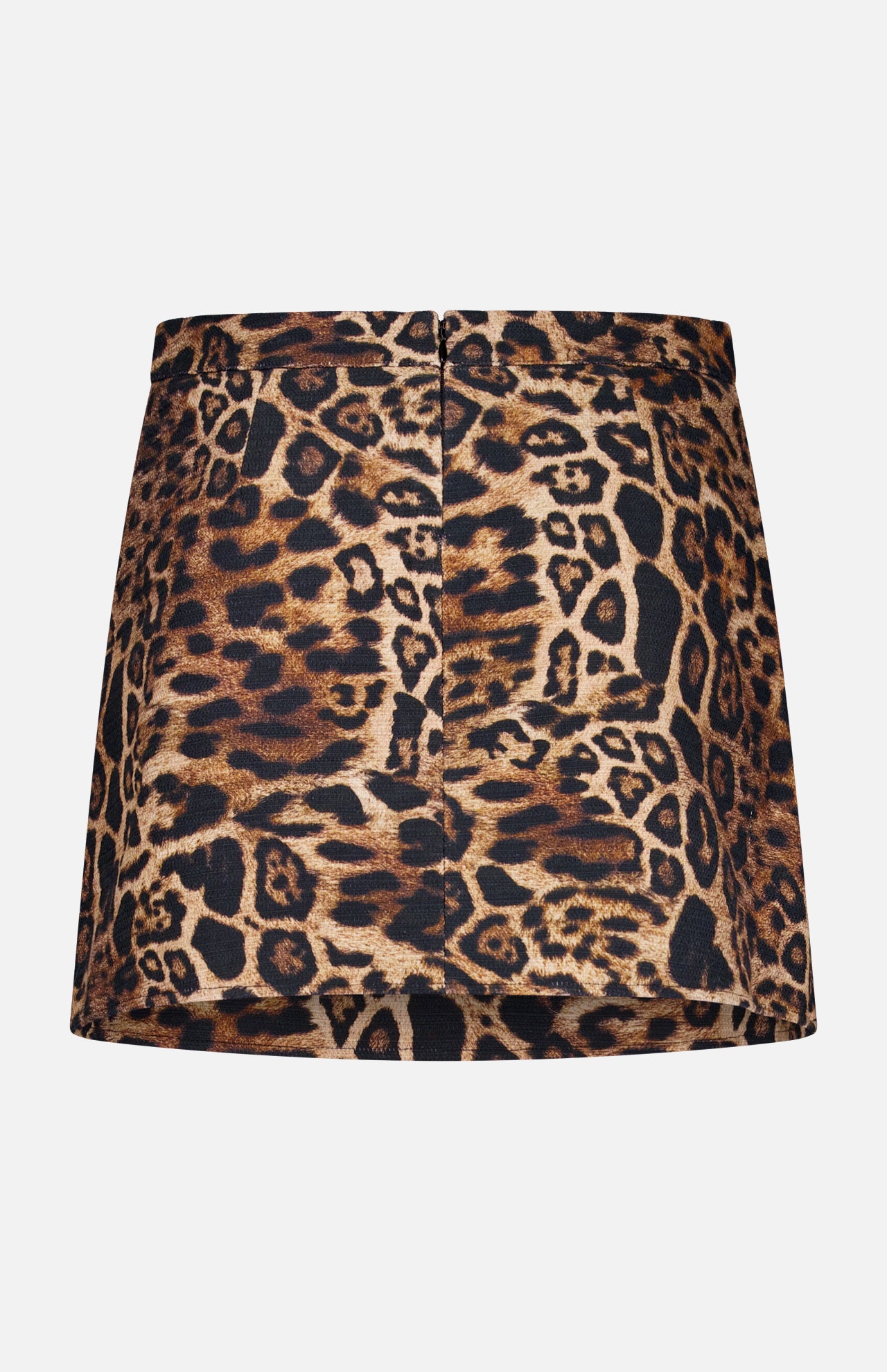 The Cyra Low Rise Mini Skirt by L'AGENCE is a brown and black leopard print skirt with a short, high-waisted design, shown against a plain white background.