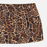 A close-up of the Cyra Low Rise Mini Skirt by L’AGENCE, featuring a brown and black leopard print, displayed on a white background.