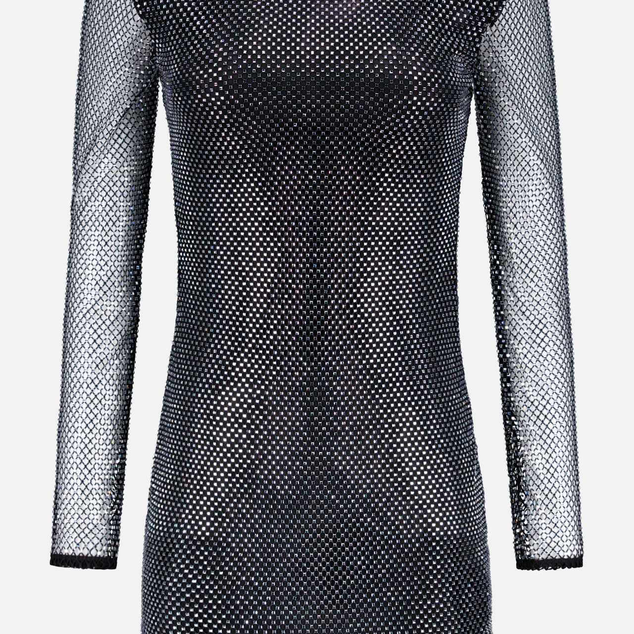 The Harlynn Crystal Mini Dress by L'AGENCE is a long-sleeved, fitted black mini dress with a rhinestone-studded mesh pattern, round neckline, and short hemline—perfect for making a bold statement at any party.