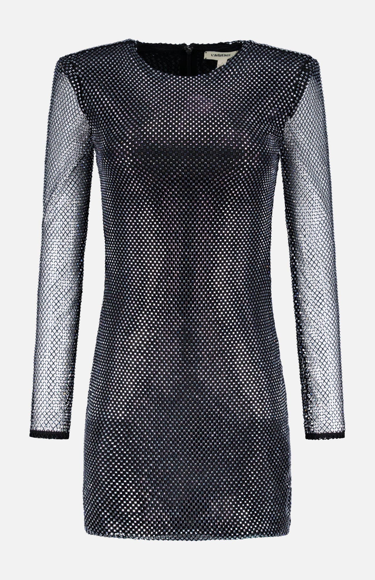 The Harlynn Crystal Mini Dress by L'AGENCE is a long-sleeved, fitted black mini dress with a rhinestone-studded mesh pattern, round neckline, and short hemline—perfect for making a bold statement at any party.