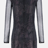 The Harlynn Crystal Mini Dress by L'AGENCE is a long-sleeved, form-fitting black mini dress featuring rhinestone-studded mesh with a silver dotted pattern and a visible back zipper—ideal for making a dazzling party statement.