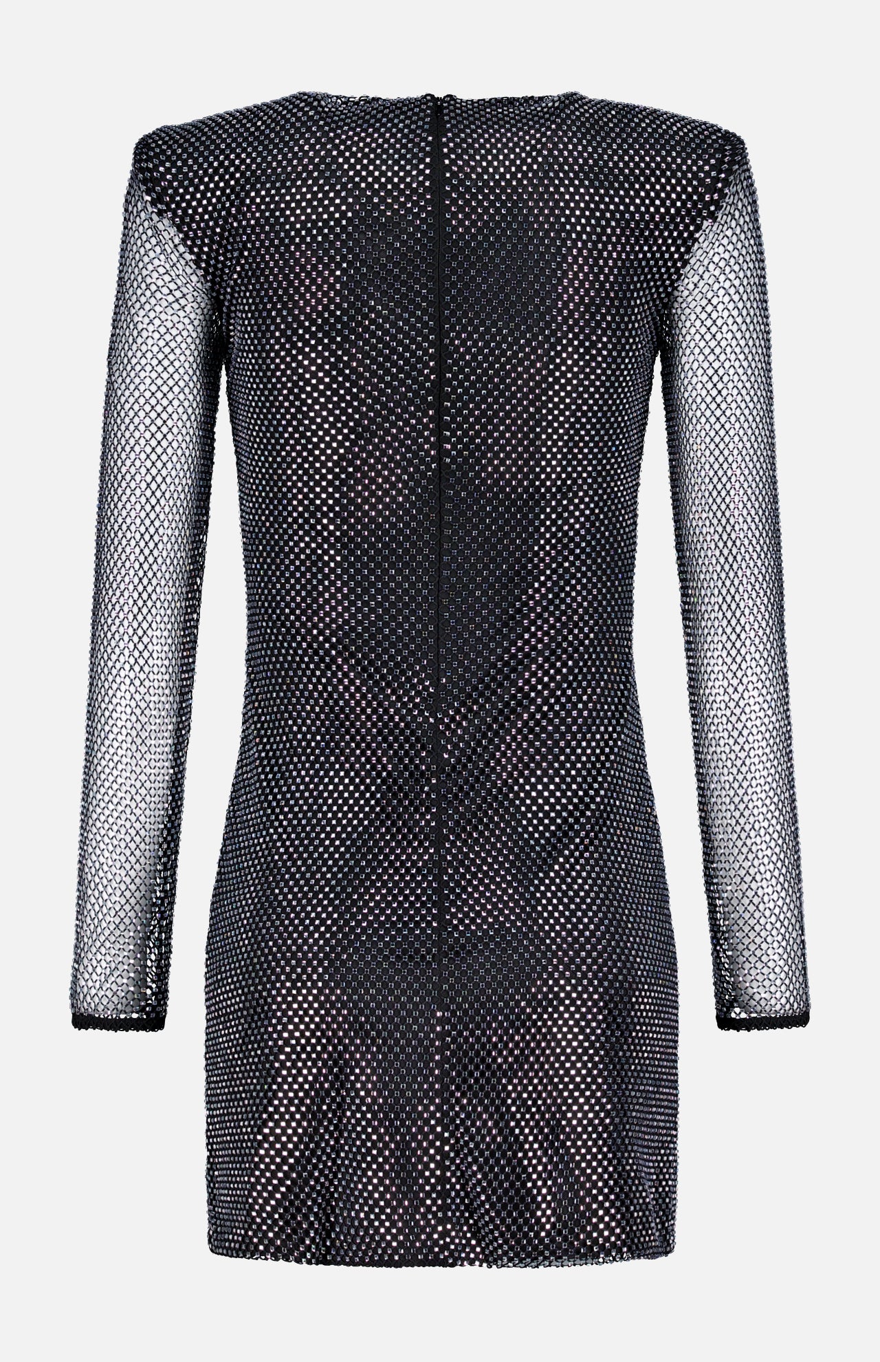 The Harlynn Crystal Mini Dress by L'AGENCE is a long-sleeved, form-fitting black mini dress featuring rhinestone-studded mesh with a silver dotted pattern and a visible back zipper—ideal for making a dazzling party statement.