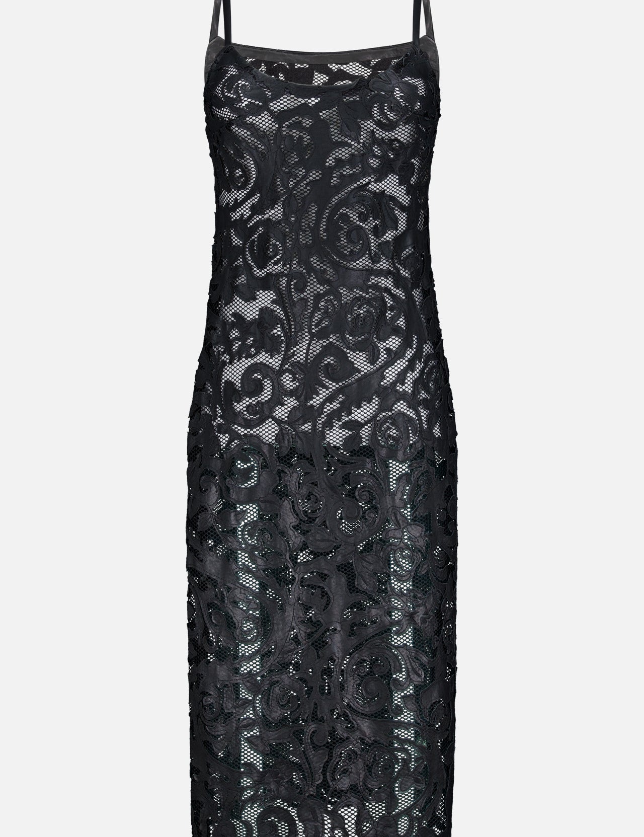 The Kazuko Lasercut Vegan Leather Midi Dress by L'AGENCE features thin spaghetti straps, an intricate floral laser-cut overlay on sheer fabric, a fitted silhouette, and a scalloped hemline. Shown against a plain white background.