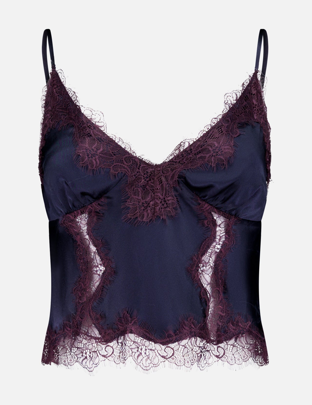 The Kimber Lace Insert Cami by L'AGENCE features silky dark purple fabric with thin straps and intricate burgundy lace trim along the neckline, hem, and sides, creating an elegant contrast for a refined look.