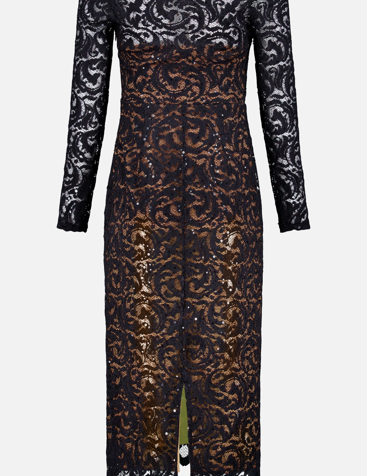 The Lindsay Off Shoulder Lace Dress by L'AGENCE is an elegant black lace evening dress featuring long sleeves, a nude lining, off-the-shoulder neckline, floral lace pattern, scalloped edges, and a front slit at the hem.