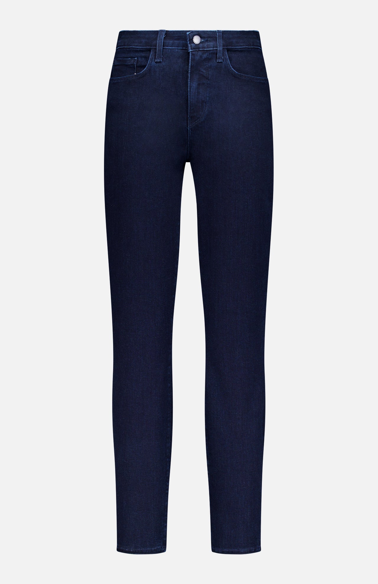The Marguerite High Rise Skinny Jean by L'Agence features a dark blue wash, slim fit, five pockets, belt loops, and a button and zip closure, shown against a plain white background.