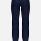 The Marguerite High Rise Skinny Jean by L'Agence is shown from the back in dark blue stretch denim, featuring two back pockets and a fitted, straight-leg cut against a plain light background.