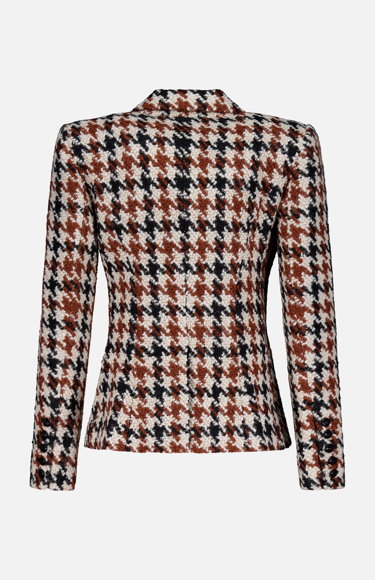 Back view of the L'AGENCE Marie Double Breasted Houndstooth Blazer in black, brown, and white. Features a fitted silhouette with a cinched waist and long sleeves, displayed against a plain white background.