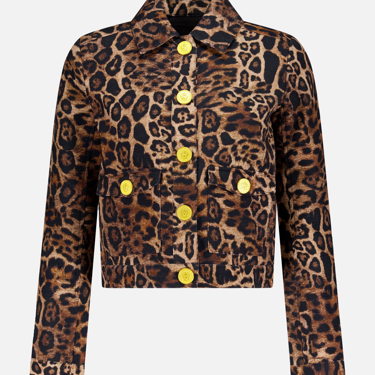 The Nyx Crop Tweed Jacket by L'AGENCE features a bold leopard print, front pockets, and large round gold buttons on both the front and pockets, shown against a white background.