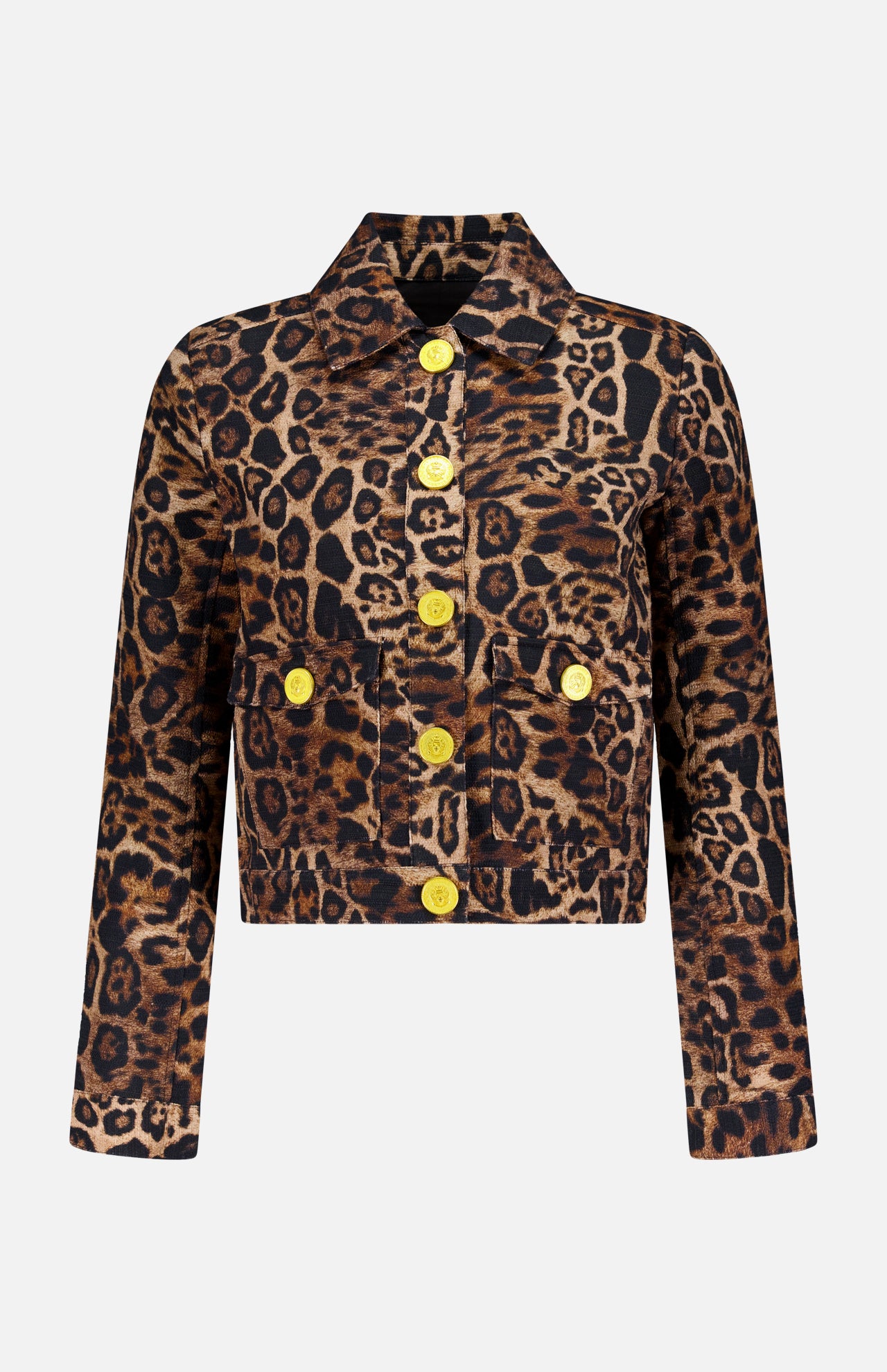 The Nyx Crop Tweed Jacket by L'AGENCE features a bold leopard print, front pockets, and large round gold buttons on both the front and pockets, shown against a white background.