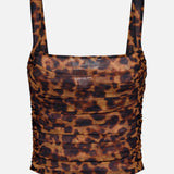The Rasha Shirred Tank Top by L'AGENCE is a sleeveless, square-neck piece crafted in stretch mesh with a brown and black leopard print and ruched detailing.
