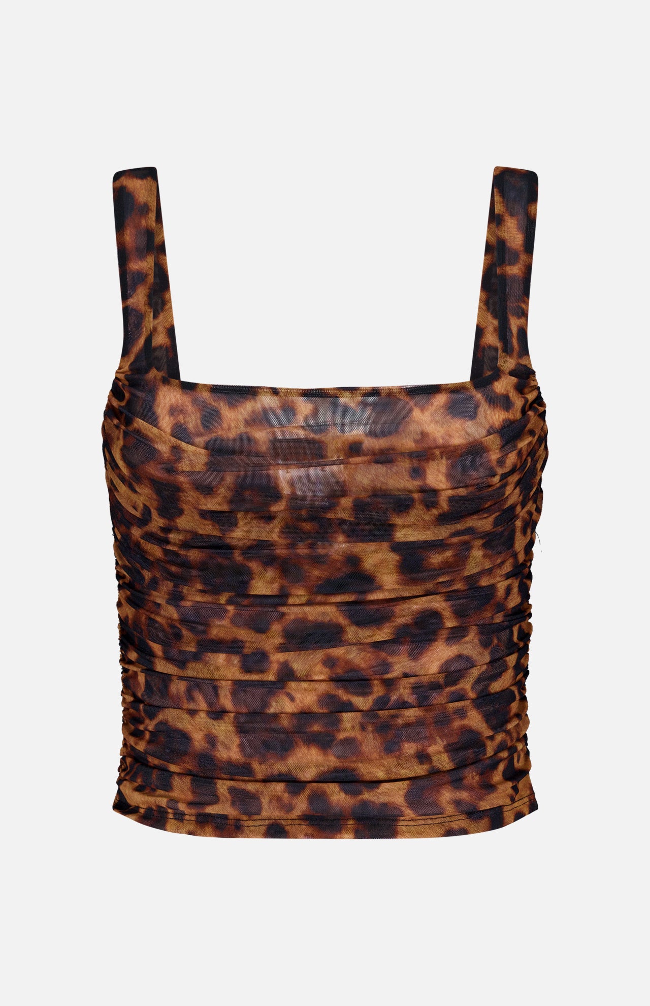 The Rasha Shirred Tank Top by L'AGENCE is a sleeveless, square-neck piece crafted in stretch mesh with a brown and black leopard print and ruched detailing.