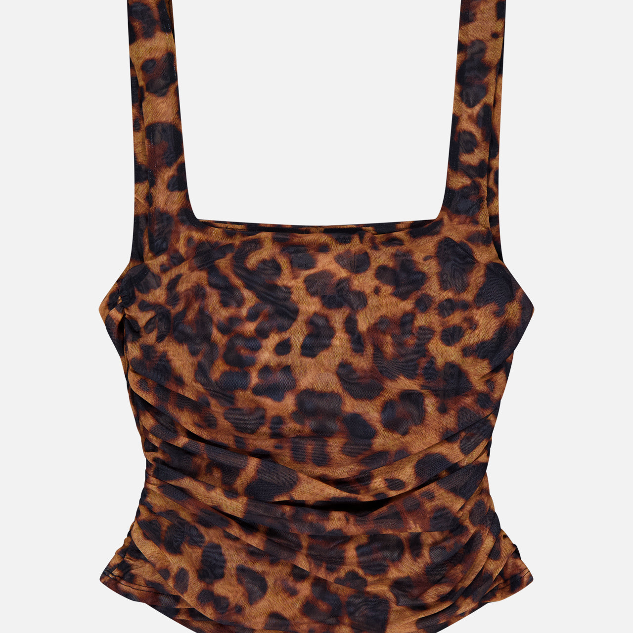 The Rasha Shirred Tank Top by L'AGENCE is a sleeveless leopard-print style with wide straps, square neckline, ruched front, shirred waist, and an all-over brown and black pattern.