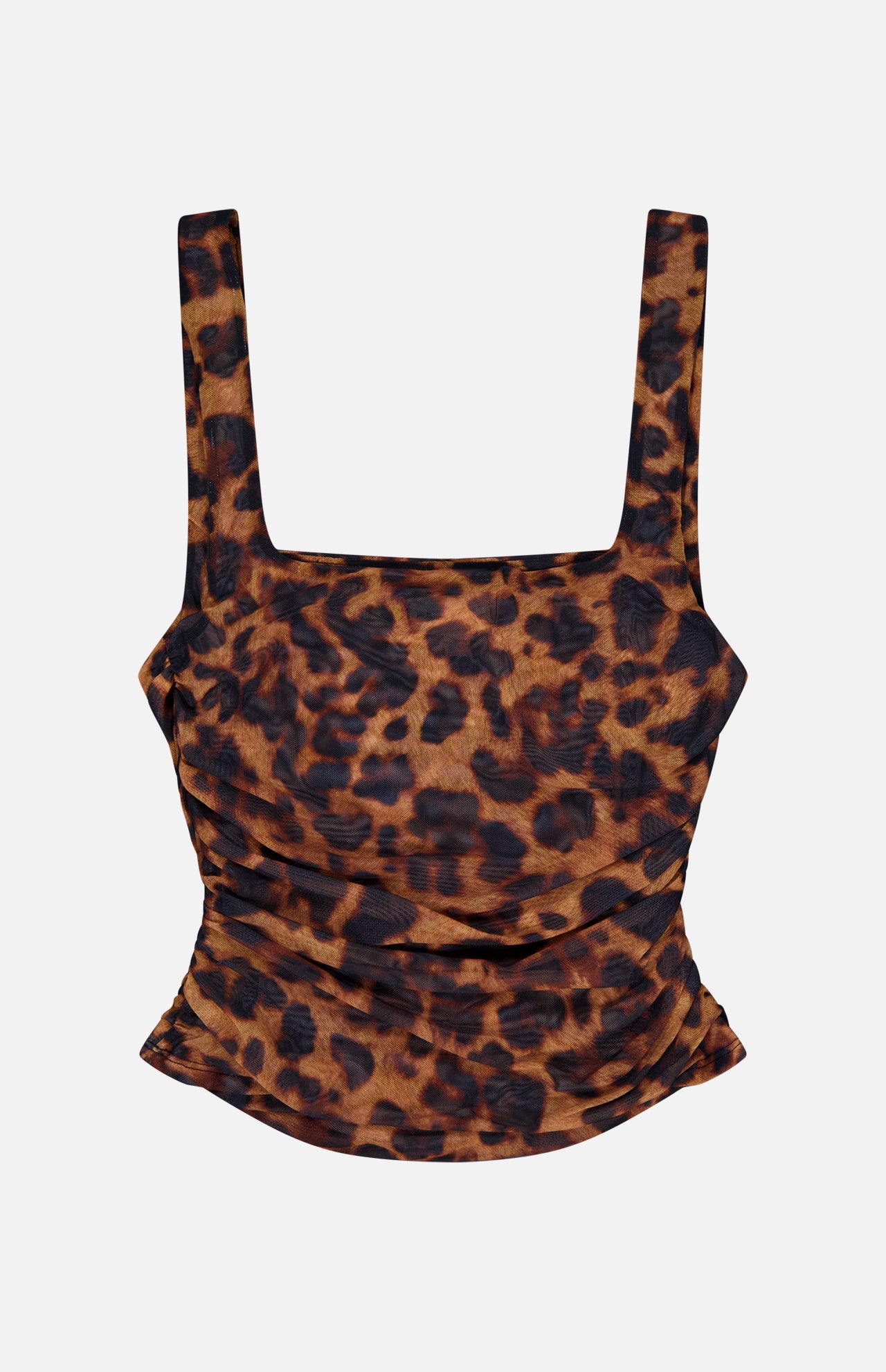 The Rasha Shirred Tank Top by L'AGENCE is a sleeveless leopard-print style with wide straps, square neckline, ruched front, shirred waist, and an all-over brown and black pattern.