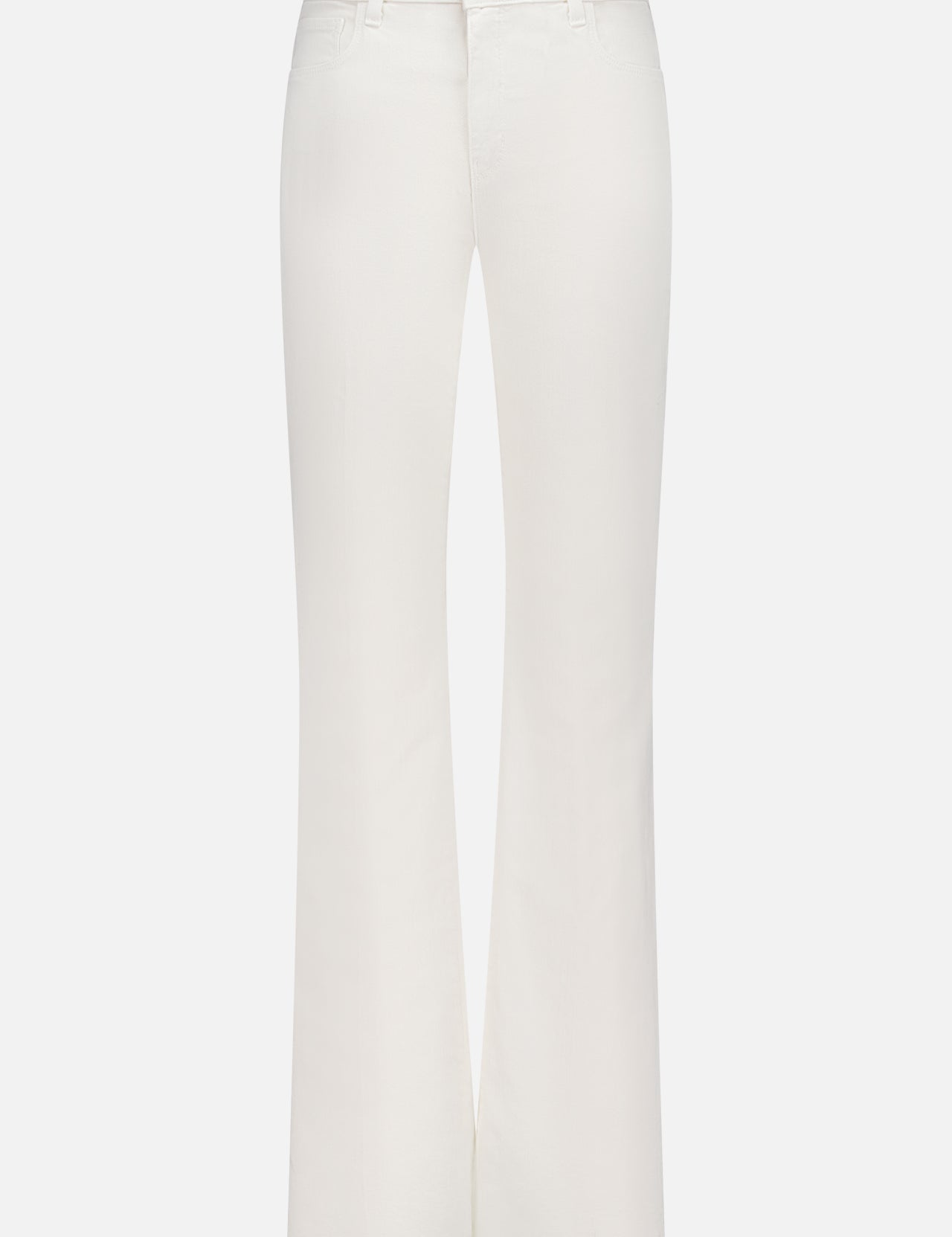 The L'AGENCE Ruth High Rise Straight Jean for women features premium stretch denim, a slight flare, front button and zip closure, belt loops, and a minimalist design in white.