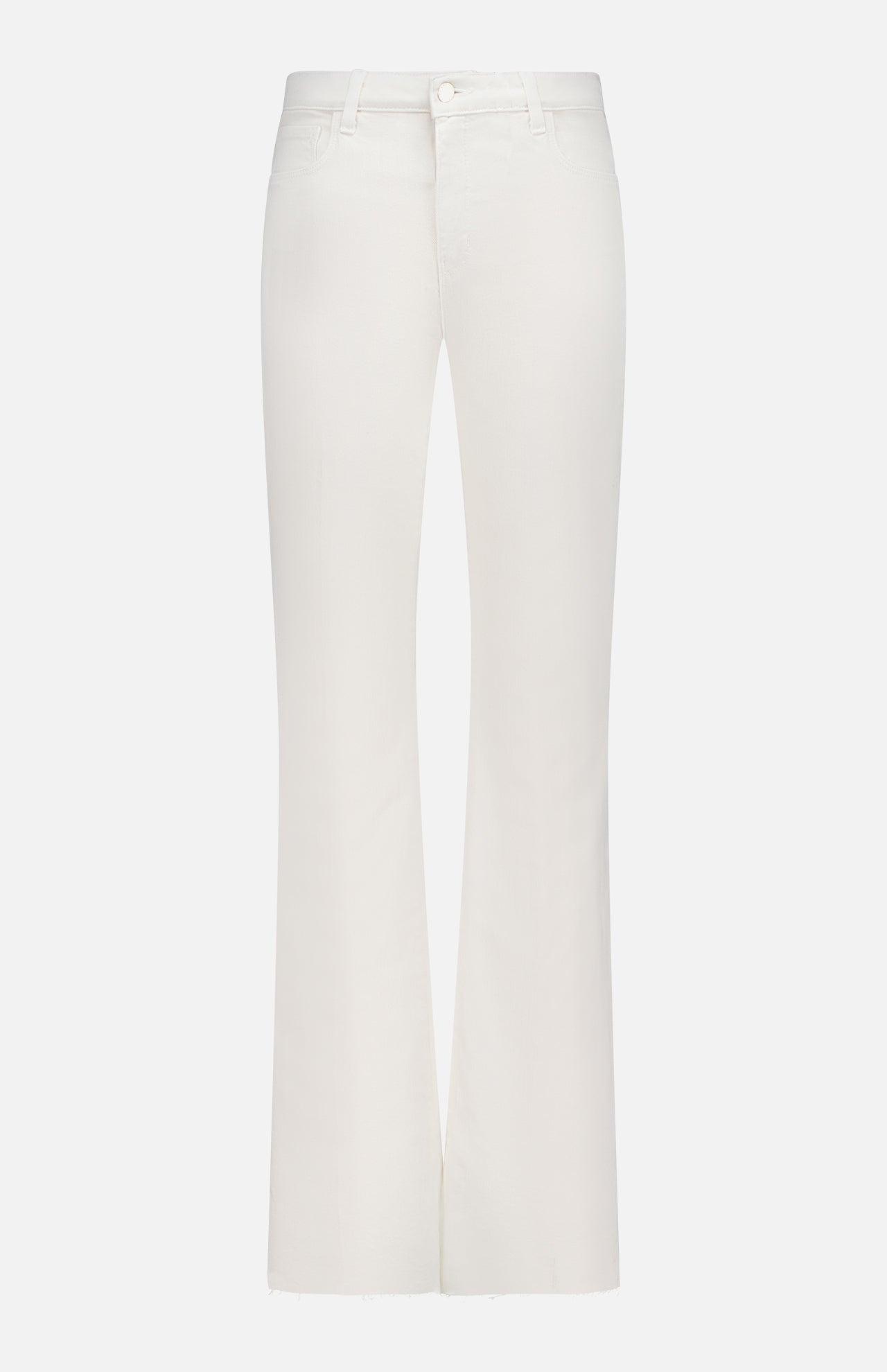 The L'AGENCE Ruth High Rise Straight Jean for women features premium stretch denim, a slight flare, front button and zip closure, belt loops, and a minimalist design in white.