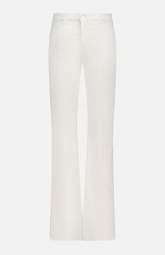The L'AGENCE Ruth High Rise Straight Jean for women features premium stretch denim, a slight flare, front button and zip closure, belt loops, and a minimalist design in white.