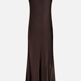 The Sayla Bias Cut Maxi Dress by L'AGENCE is a sleeveless, dark brown satin slip dress with thin straps and a subtle front seam, channeling vintage glamour—perfect for special occasions and shown against a plain white background.