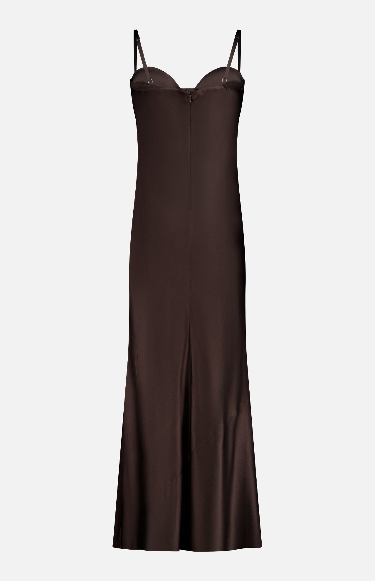 The Sayla Bias Cut Maxi Dress by L'AGENCE is a sleeveless, dark brown satin slip dress with thin straps and a subtle front seam, channeling vintage glamour—perfect for special occasions and shown against a plain white background.
