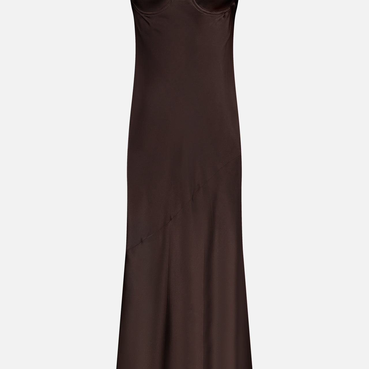 The Sayla Bias Cut Maxi Dress by L'AGENCE is a sleeveless, dark brown satin slip dress with thin straps and a fitted bustier bodice, exuding vintage glamour as an elegant special occasion piece shown on a plain white background.