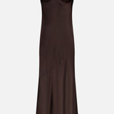 The Sayla Bias Cut Maxi Dress by L'AGENCE is a sleeveless, dark brown satin slip dress with thin straps and a fitted bustier bodice, exuding vintage glamour as an elegant special occasion piece shown on a plain white background.