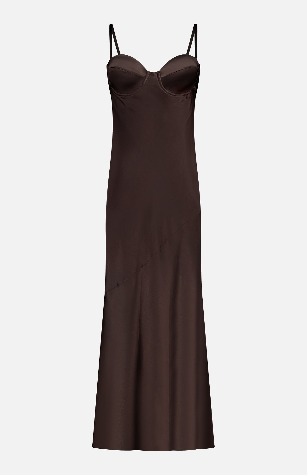 The Sayla Bias Cut Maxi Dress by L'AGENCE is a sleeveless, dark brown satin slip dress with thin straps and a fitted bustier bodice, exuding vintage glamour as an elegant special occasion piece shown on a plain white background.
