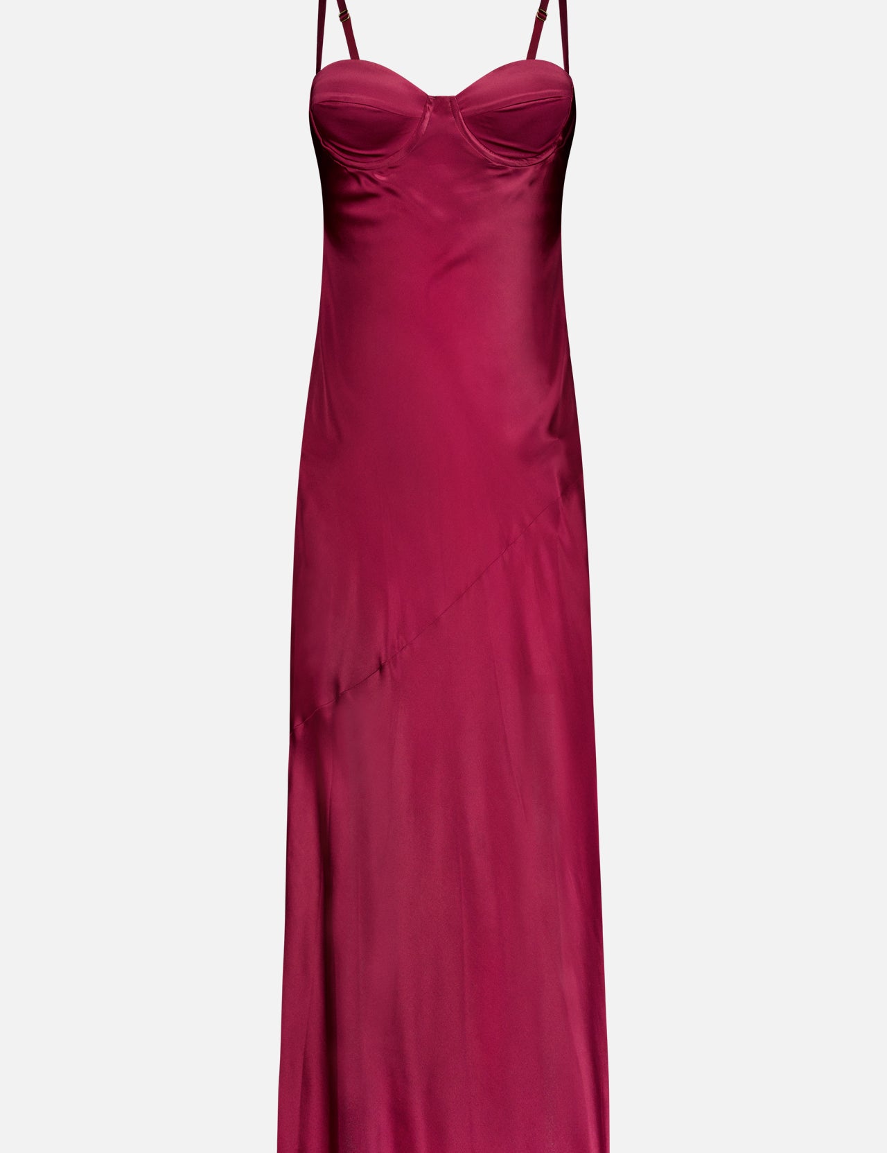 The Sayla Bias Cut Maxi Dress by L'AGENCE is a sleeveless satin slip dress in deep pink, featuring spaghetti straps, a fitted bust, and diagonal seam detail—an elegant choice for special occasions.