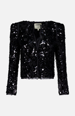 The Shai Pointed Shoulder Jacket by L'AGENCE is a black cropped party jacket with long sleeves, structured shoulders, shiny sequins, and a label inside the collar for a chic, textured look.