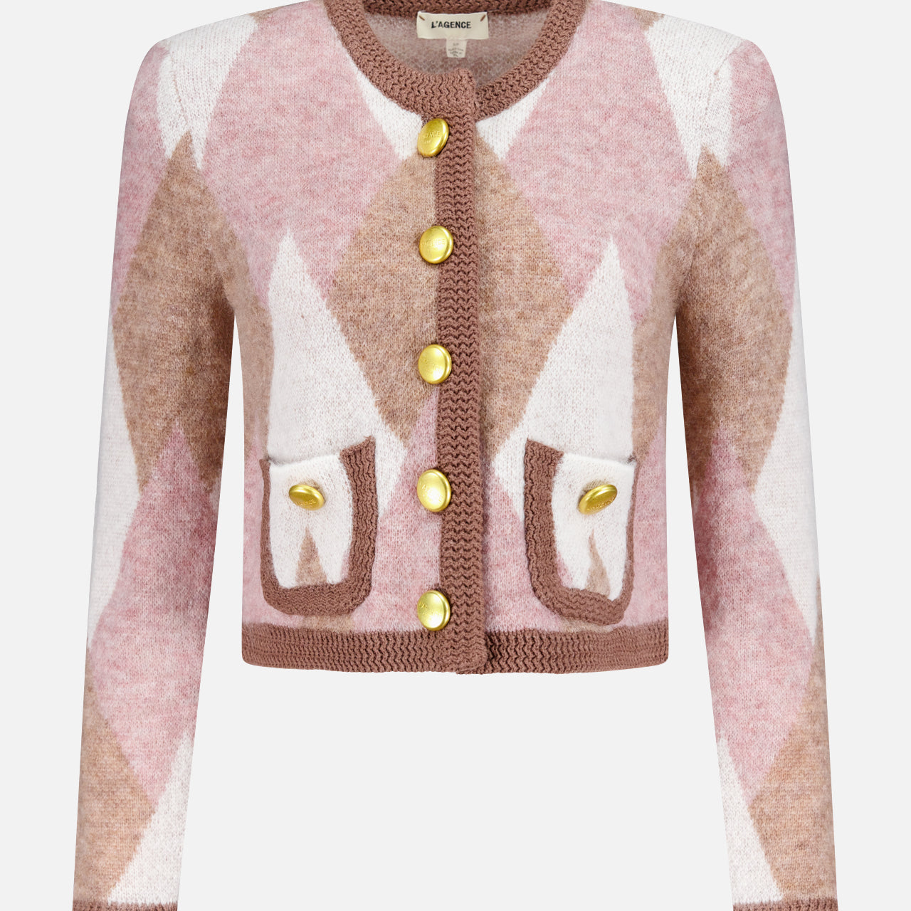 The Siobhan Fuzzy Argyle Cardigan by L'AGENCE features a cropped, long-sleeve design in pink, brown, and white with gold front buttons, pockets, a round neckline, and textured trim—perfect for a preppy academia look.