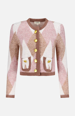 The Siobhan Fuzzy Argyle Cardigan by L'AGENCE features a cropped, long-sleeve design in pink, brown, and white with gold front buttons, pockets, a round neckline, and textured trim—perfect for a preppy academia look.