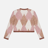 The Siobhan Fuzzy Argyle Cardigan by L'AGENCE is a cropped, long-sleeve layer featuring pink, beige, and brown diamond patterns—perfect for a preppy academia look. Shown flat on a white background.