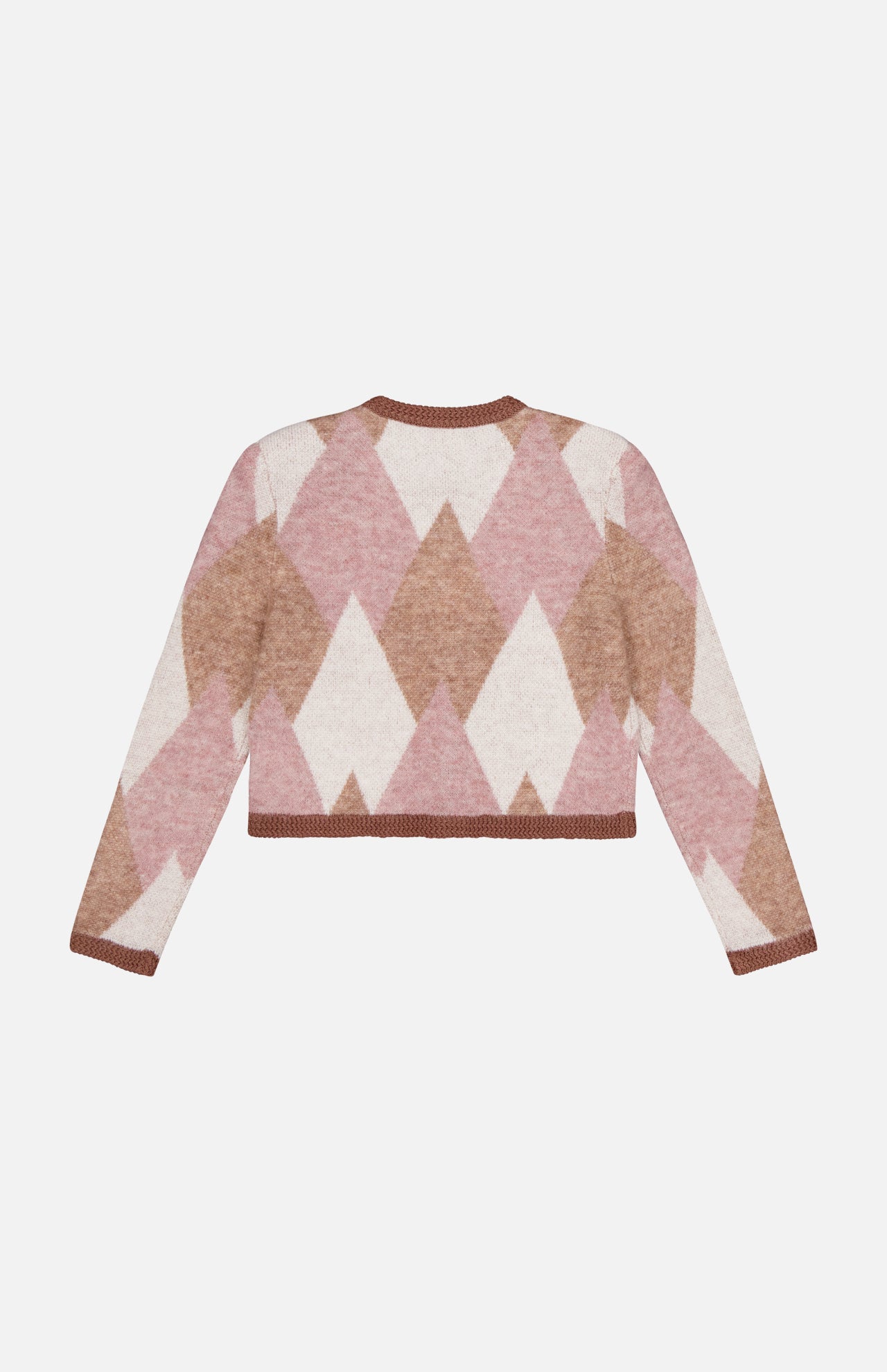 The Siobhan Fuzzy Argyle Cardigan by L'AGENCE is a cropped, long-sleeve layer featuring pink, beige, and brown diamond patterns—perfect for a preppy academia look. Shown flat on a white background.