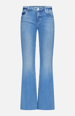 The Sneeki Low Rise Sneaker Straight Jean by L'AGENCE features light blue premium denim, a button and zipper closure, front and back pockets, and a faded finish on the thighs and knees.