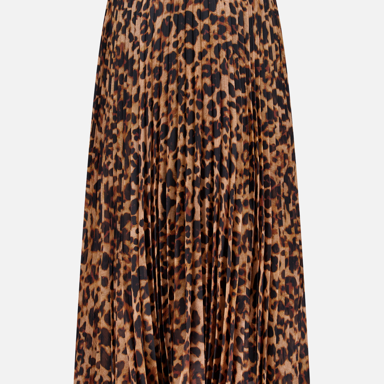 The L'AGENCE Torin Pleated Maxi Skirt features a bold brown and black leopard print, a flowing pleated silhouette, and maxi length, shown against a plain white background.